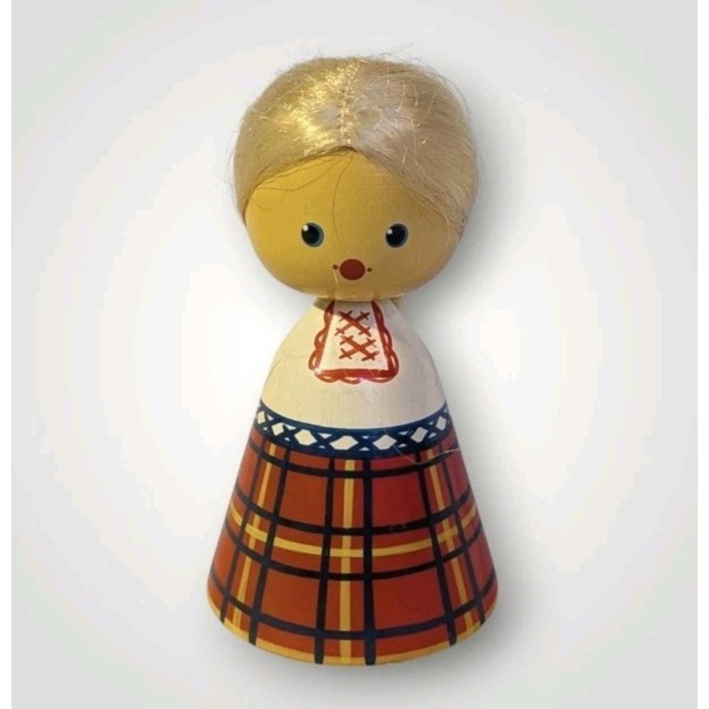 Salvo Wooden Doll Hand Painted Blonde USSR Russian Figurine Cute 3.5 in Vtg